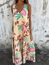 abordables Robes fleuries-Femmes Robe maxi Robe trapèze Robe Nuisette Vacances Occasionnel Boho Extérieur Sortir Coupe régulière Fleuri Sans manches Col en V Bleu Abricot Beige Été