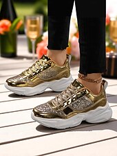 baratos Festa da Vida Noturna-Tênis plataforma chunky com glitter feminino e acabamento metálico, calçados de festa com cadarço da moda para vida noturna e balada
