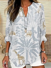 billige Kvinne Boho Topper-Dame Bluse Blomstret Grafisk Blader Bohem Årgang Tropisk Langermet V-hals Vanlige topper Daglig Ferie Strand Klær Trykt mønster Salvie Grøn Navyblå Dusty Blue Sommer Vår