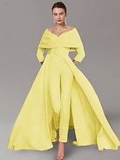 voordelige Mama&amp;#39;s jumpsuits-Twee-delige Jumpsuit Moeder van de Bruid Formele Bruiloft Gast Elegante Feest Scoop Hals Off Schouder Enkele Lengte Rekbare Stof 3/4 Lange Mouw met Ceintuur  Riem 2025