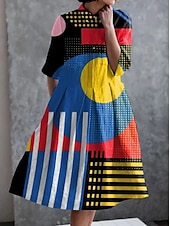 tanie Sukienka w paski i geometryczna-Damskie Sukienka midi Sukienka A line Letnie sukienki Urlop Codzienny Styl plażowy Codzienny Herbaciane przyjęcie Wyjściowe Graficzny Geometryczny Rękaw 1/2 Klapa Niebieski Zielony Lato Wiosna