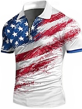cheap Independence Day Polos-American Independence Day Men&#039;s American Flag Zip Polo Shirts Short Sleeve Polo Shirts Collared Shirts Casual Athleisure Daily Wear 3D Print Summer White Blue