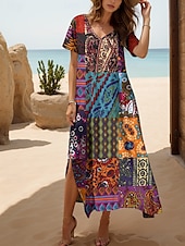 abordables Robes Boho-Femmes Robe Midi Robe d&#039;Été Robe trapèze Robe d&#039;été Bohème Vacances ancien Coupe Ample Fleuri Graphique Paisley Manche Courte Col en V Jaune Bleu Violet Vert Été Printemps Automne