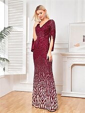 preiswerte BLAU-Meerjungfrau  Trompete Quinceanera Kleider Elegantes Kleid Formelles Hochzeitskleid Bodenlänge Langarm V-Ausschnitt Polyester mit Pailletten
