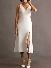 abordables Robes de Mariée-Fiançailles Petites Robes Blanches Robes de mariée Ligne A Col en V Sans manches Longueur thé Tissu Extensible Robes de mariée Avec Noeud(s) Devant Fendu 2025