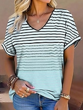 cheap Stripe&amp;Geometric tee-Women&#039;s T Shirt Graphic Geometric Striped Stylish Modern Casual Short Sleeve V Neck Regular Tops Daily Print Pink Blue Purple Green Summer Spring