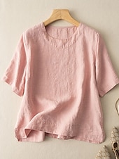 abordables Chemises-Femmes Chemise Haut en Coton Blanc Couleur Unie Élégant ancien Basique Manche Courte Col ras du cou Hauts Réguliers Quotidien Sortir Week-end Blanche Jaune Rose Claire Violet Vert Été Printemps