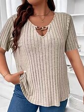 ieftine Tricouri Mărime Plus-Pentru femei Plus Size Topuri Tricou Culoare solidă Peteci Manșon scurt În V Modă Șic Stradă Casual Zilnic Sfârșit de săptămână Împletit Vară Albastru regal Maro