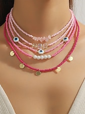 cheap Women&#039;s Necklace-Women&#039;s Colorful Beaded Layered Necklace Set – Boho Evil Eye, Pearl, and Charm Accents – Adjustable Summer Jewelry for Teens and Young Women – Ideal for Beach, Festivals and Casual Wear