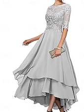 abordables Longueur du thé-Ligne A Robe de Mère de Mariée  Élégant Simple Col Bateau Asymétrique Polyester Demi Manches avec Couleur Unie 2025