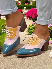 abordables Années 1950-Mules à talons Oxford colorblock pour femmes – chaussures brogues rétro à bout golf pour les amatrices de vintage, les tenues de bureau et les sorties décontractées
