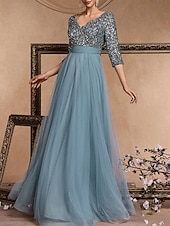 baratos AZUL-Vestido de Gala em A Vestido Elegante Formal Casamento Comprimento do Chão Manga 3/4 Decote em V Com Lantejoulas com Lantejoulas