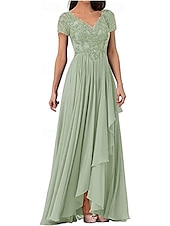 abordables Longueur du plancher-Ligne A Robe de Mère de Mariée  Élégant Simple Col en V Longueur au sol Chiffon Manche Courte avec Couleur Unie 2025