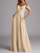 baratos Vestidos para Madrinhas-Vestido de Madrinha A-Line Alça Fina Manga Curta Elegante Comprimento Total Chiffon com Cor Sólida 2025