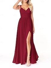 baratos Vestidos para Madrinhas-Vestido de dama de honra em corte A, decote em V, sem mangas, elegante, longo, em chiffon com pregas / frente aberta / franzido 2025