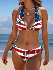cheap Independence Day-Independence Day Women&#039;s Swimsuits Patriotic Fourth of July Bikini 2 Piece Cheeky Swimsuit Backless Slim Vacation Beach Wear Graphic Flag V Neck Sleeveless Bathing Suits