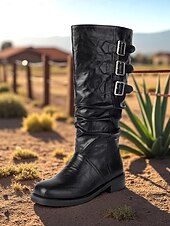 olcso Slouch Boots-Női barna műbőr térdig érő csizma tripla csatos pántokkal – western lovagló stílus őszi szettekhez, farmi napokra és szabadtéri viseletre