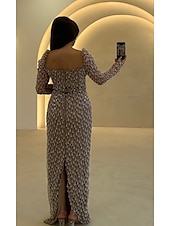 זול שמפניה-Sheath  Column Evening Gown שמלה אלגנטית קרנבל רשמית באורך רצפה שרוול ארוך צוואר ריבועי מבריק עם נצנצים