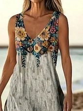 preiswerte Druck Blumen Kleider-Damen Langes Kleid Maxikleid Freizeitkleid Trägerkleid Sommerkleid afrikanisch Täglich Ferien Strand Normale Passform Blumen Ärmellos V Ausschnitt Grau Sommer