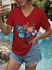 ieftine Tricou cu animale-Pentru femei Tricou Grafic Animal Fluture Epocă Stilat Clasic Manșon scurt În V Topuri obișnuite Zilnic Ieșire Sfârșit de săptămână Imprimeu Negru Alb Galben Roz Îmbujorat Roșu-aprins Vară Primăvară