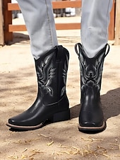 abordables Cowboy et bottes occidentales-bottes de cowboy mi-mollet brodées pour femmes, bottes western en similicuir pour les travaux agricoles, les célébrations des récoltes et les événements rustiques en plein air