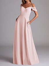baratos Vestidos para Madrinhas-Vestido de Madrinha A-Line Alça Fina Manga Curta Elegante Comprimento Total Chiffon com Cor Sólida 2025