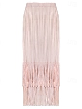 abordables Jupes unies-Femmes Ample Élégant ancien Mode Midi Taille Moyenne Jupes Frange à pompons Froncé Élastique Vacances Quotidien Aqua bleu Noir Vert Claire Rose Claire Été Polyester