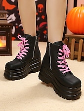 baratos Para mulheres-Botas de combate femininas góticas plataforma - botas pretas grossas de amarrar no tornozelo com caveira rosa para cosplay, Halloween e streetwear punk
