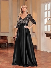 cheap BLACK-A-Line Quinceanera Dresses Elegant Dress Formal Wedding Floor Length Long Sleeve V Neck Polyester with Sequin