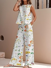 abordables Ensembles-Ensemble deux pièces élégant pour femme, mode streetwear, chemisier, gilet, pantalon, sans manches, col ras du cou, extérieur, travail, décontracté, imprimé floral, vacances, quotidien, vacances, blanc, bleu marine, bleu, été, coupe régulière