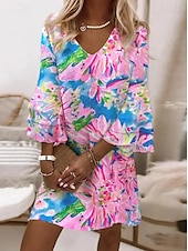 abordables Robes fleuries-Femmes Mini Robe Robe d&#039;Été Robe trapèze Boho Soirée Coupe régulière Fleuri Graphique Manche 3/4 Col en V Rose Claire Vert Claire Gris foncé Bleu Ciel Été Printemps