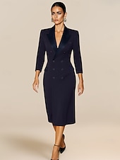 cheap Floor Length-Sheath / Column Blazer Dress Mother of the Bride Dress Elegant Tuxedo Dress Simple Minimalist V Neck Satin Lapel Floor Length Stretch Crepe 3/4 Length Sleeve with Covered Buttons and Pockets