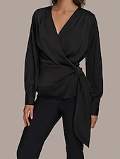 cheap Mom&#039;s Pant Suits-Two Piece Jumpsuit / Pantsuit Pantsuit Mother of the Bride Pantsuit Elegant Vintage Simple V Neck Ankle Length Satin Top Stretch Crepe Pants V Long Sleeve with Bow(s) Ruched