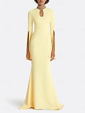 cheap YELLOW-Mermaid / Trumpet Party Dresses Elegant Dress Formal Wedding Floor Length Long Sleeve Crew Neck Satin with Embroidery