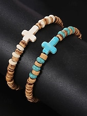 olcso Férfi ékszerek-Férfi természetes fa gyöngyös karkötő türkiz kereszttel – kézzel készített bohém rugalmas csuklópánt hétköznapi viseletre, nyári szettekhez és strandhangulathoz