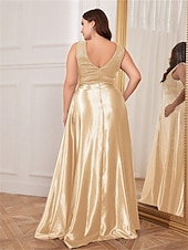 cheap BLACK-A-Line Plus Size Dresses Elegant Curve Dress Formal Wedding Floor Length Sleeveless V Neck Satin V Back with Pleats