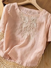 ieftine Cămăși-Pentru femei Cămăși Bumbac In Culoare solidă Elegant Stilat De Bază Manșon scurt Stil Nautic Topuri obișnuite Zilnic Brodat Roz Îmbujorat Mov Caisă Vară Primăvară