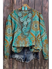 economico Tops Boho-Per donna Felpa Pullover Stampato Floreale Grafico Geometrico Caldo Moda Western Manica Lunga Girocollo Top Regolari Casuale Streetwear Abbigliamento Quotidiano Blu Nero Fucsia Arancione Verde