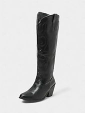levne Cowboy &amp; Western Boots-Dámské hnědé kovbojské kozačky po kolena v západním stylu - vyšívané natahovací jezdecké boty z umělé kůže s blokovými podpatky na country koncerty, rančové outfity a podzimní outfity