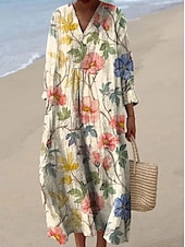 preiswerte Blumenkleider-Damen Maxikleid Sommerkleid A Linie Kleid Urlaub Lässig Boho Party Ausgehen Strand Blumen Grafik Langarm V Ausschnitt Schwarz Rosa Rote Grün Sommer Frühling