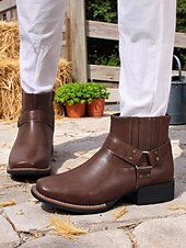 abordables Cowboy et bottes occidentales-bottines pour femmes avec fermeture éclair latérale et détail de sangle, similicuir, chaussures de travail de style occidental pour les tâches agricoles en plein air, la fête des récoltes et le port quotidien