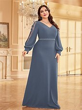 preiswerte BLAU-A-Linien Plus Size Kleider Elegantes Kurvenkleid Formelles Hochzeitsbodenlänges Langärmel V-Ausschnitt Chiffon mit Perlen 2025