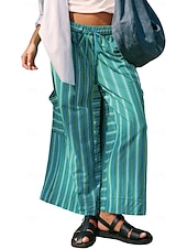abordables pierna ancha y cintura alta-Mujer Perneras anchas Chinos Moda Ropa de calle Longitud total Alta cintura A Rayas Bolsillo Cintura elástica Estampado Confortable Suave Cómodo Microelástico Exterior Calle Azul Naranja Marrón Verde