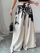 cheap Wide Leg &amp; High Waisted-Women's Wide Leg Slacks Streetwear Casual Full Length Natural Flower Elastic Waist Printing Comfy Outdoor Comfortable Holiday Weekend Black White Fall Regular Fit