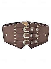 abordables Ceinture pour femme-Ceinture large élastique pour femme avec triple boucle vintage – Corset gothique en similicuir pour robes et costumes