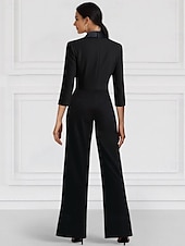 voordelige Mama&amp;#39;s jumpsuits-Zwarte Blazer Jumpsuit Moeder van de Bruid Bruiloft Gast Elegante Minimalistische Revers Vloerlengte Rekbare Stof Lange Mouwen met Knopen Effen Kleur