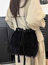 tanie Torby na ramię-damska torebka typu wiaderko ze sztucznego zamszu z frędzlami – boho torebka typu crossbody ze ściągaczem na niezobowiązujące wyjścia, festiwale i codzienne noszenie