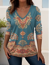 billige Boho t-skjorte-Dame T skjorte Grafisk Planter Årgang Elegant Bohem Årgang Langermet V-hals Vanlige topper Daglig Ut på byen Helg Trykt mønster Svart Hvit Rosa Dusty Rose Rød Vår Høst