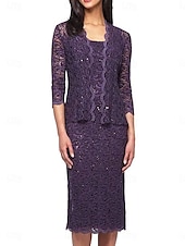 cheap Tea Length-Two Piece Dress Sets Mother of the Bride Dress Elegant Square Neck Knee Length Lace 3/4 Length Sleeve with Lace