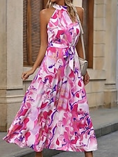 abordables Robes Boho-Femmes Robe maxi Robe trapèze Occasionnel Extérieur Sortir Coupe régulière Fleuri Sans manches Col Halter Rose Claire Bleu Marron Abricot Été